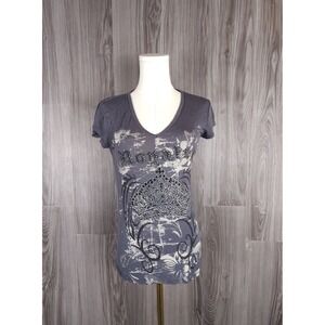 Julia‎ Royalty Charcoal Gray Rhinestone Crown Graphic V-Neck Tee Women Small